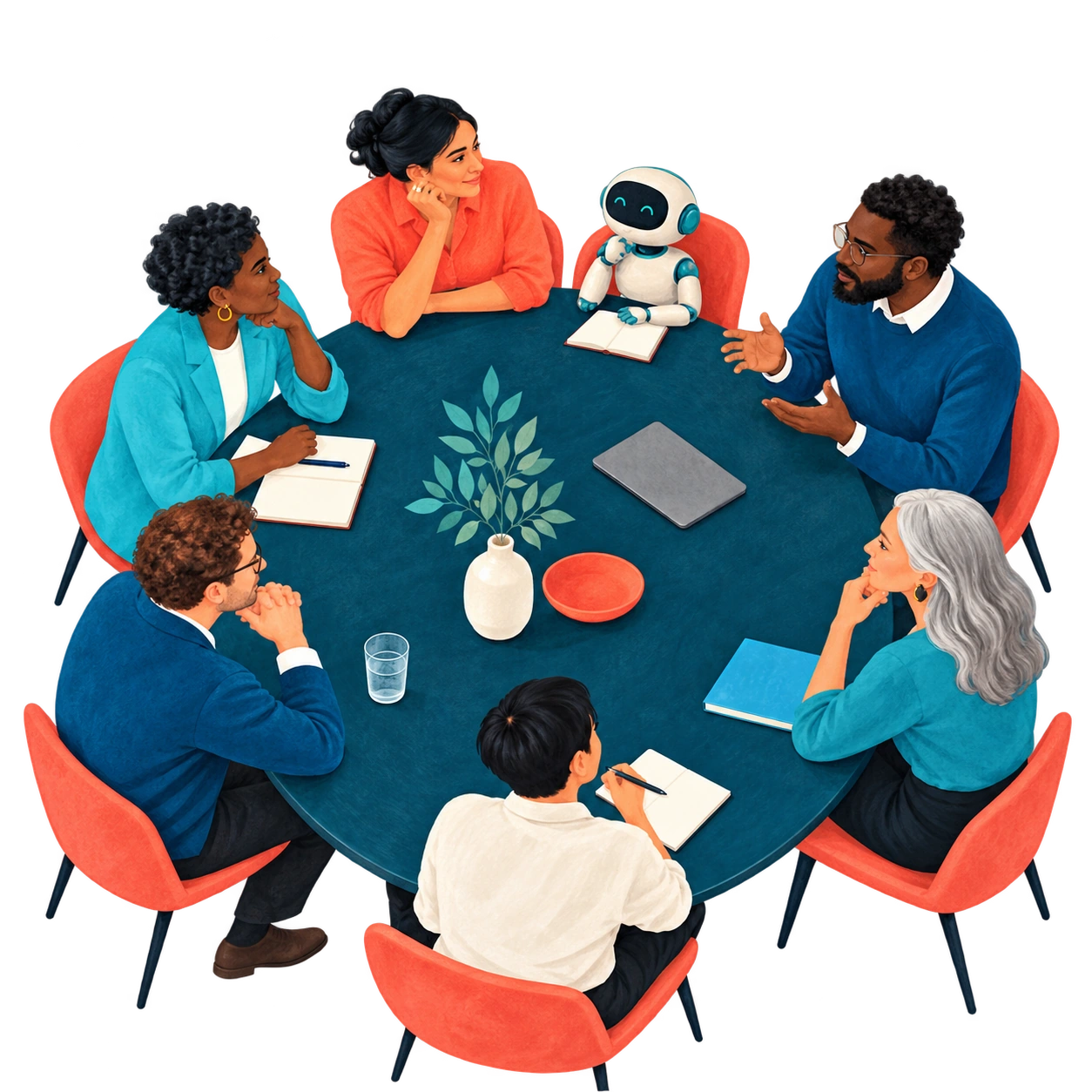 Illustration of six people and a small friendly robot listening together around a shared table