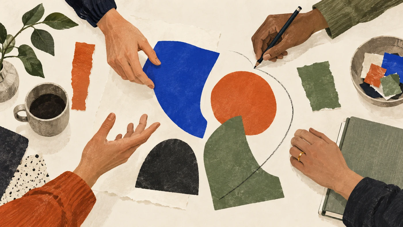 Illustration of people contributing different ideas to shared work
