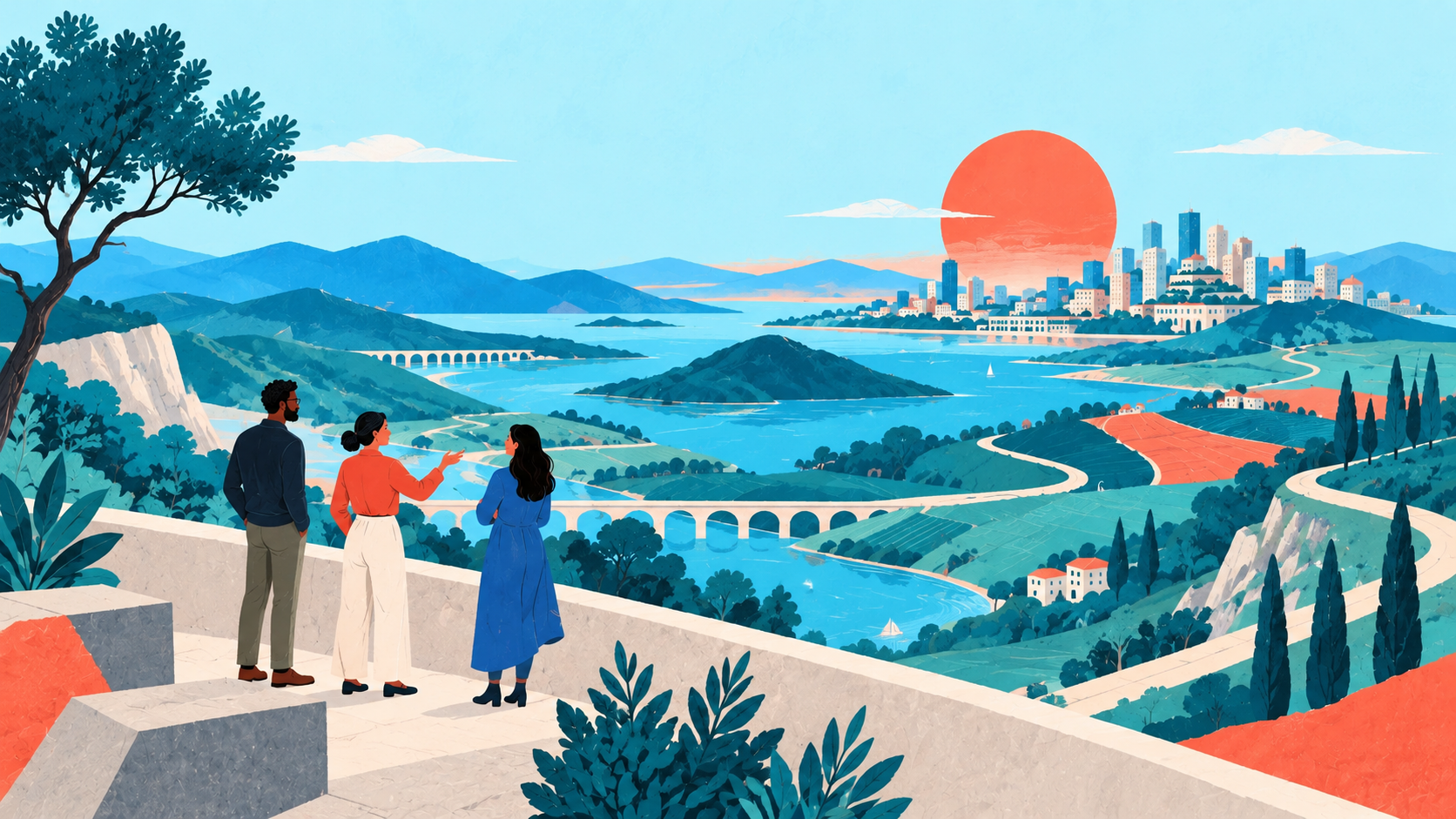 Illustration of three people overlooking a landscape with rivers, mountains and a city