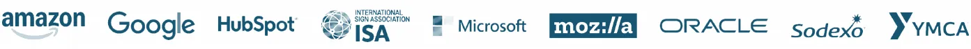 Amazon, Google, HubSpot, International Sign Association, Microsoft, Mozilla, Oracle, Sodexo and YMCA